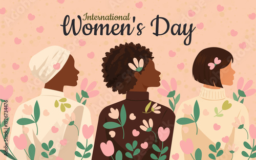 International Women's Day. Women of different nationalities celebrate this day with bouquets of spring flowers on a pink background with hearts. Vector