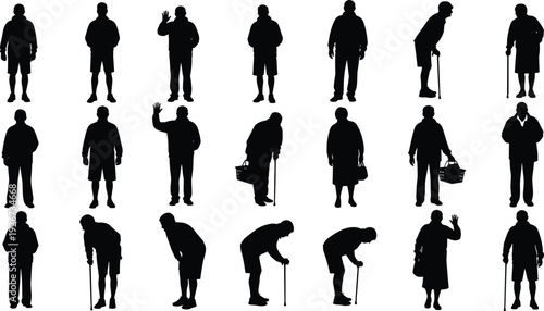 Elderly People Silhouette Collection with Senior Men and Women Walking, Standing, Using Cane, and Carrying Bags in Black Solid Vector Set