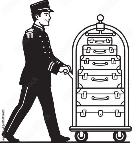 A bellhop pushing a luggage cart with multiple suitcases
