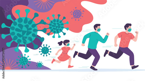 People wearing face masks running from virus particles in a cartoon illustration