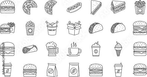 Fast Food Line Icons Set with Burger Pizza Tacos Sandwich Coffee and Takeaway Vector Collection