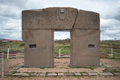Ancient Gate of the Sun at Tiwanaku Archaeological Site in La Paz, Bolivia