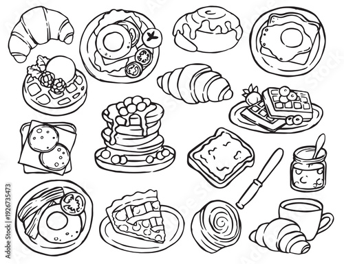 Breakfast food set. Scrambled eggs, sandwich, pancakes. Doodle hand drawn illustration