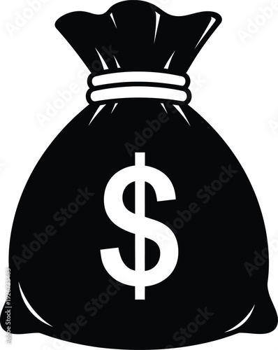 Black money bag icon with white dollar sign isolated on transparent background