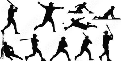 Black baseball player silhouettes collection, sports action vector set, batting pitching sliding catching fielding icons, athletic design graphics, team sport illustration, dynamic movement artwork