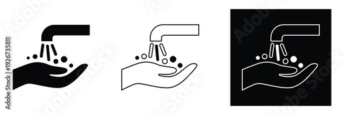 Hand washing hygiene icon set with faucet and water