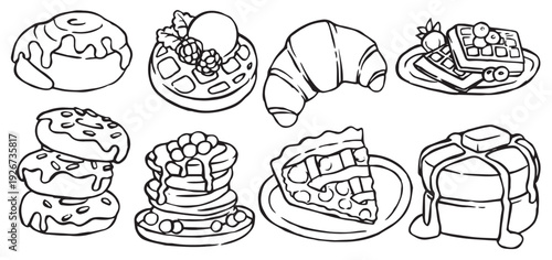 Breakfast baked food set. Bun, waffles, pancakes. Hand drawn doodle illustration