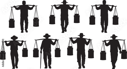 Black Solid Farmer Carrying Yoke Silhouettes Set of Six on White Background