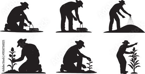 Black Solid Farmer Checking Traps Silhouettes Set of Six on White Background