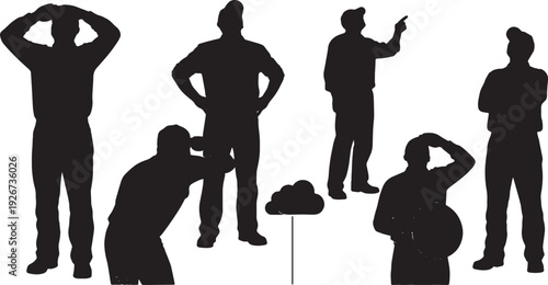 Black Solid Farmer Checking Weather Silhouettes Set of Six on White Background