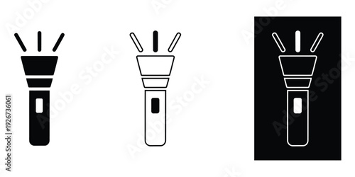 Three modern flashlight icons in black and white for business and technology use