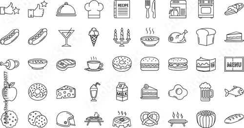 Food and Restaurant Line Icons Set with Fast Food Desserts Drinks and Cooking Elements Vector Collection