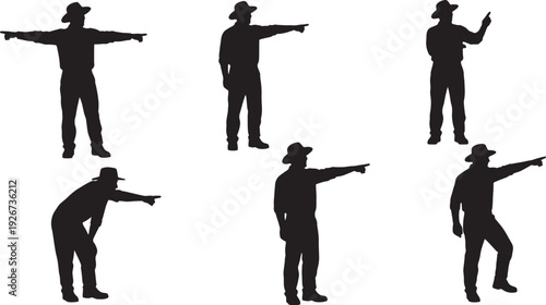 Black Solid Farmer Holding Chainsaw Silhouettes Set of Six on White Background