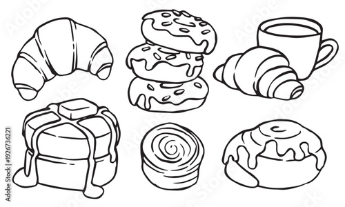set of baked food, buns, and croissants. Doodle hand drawn illustration