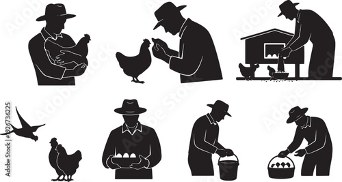 Black Solid Farmer Holding Chicken Silhouettes Set of Six on White Background