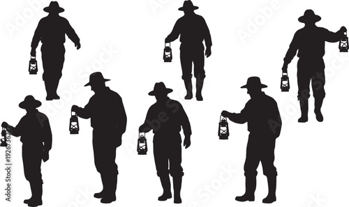Black Solid Farmer Holding Lantern Silhouettes Set of Six on White Background