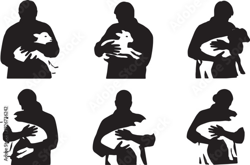 Black Solid Farmer Holding Newborn Silhouettes Set of Six on White Background