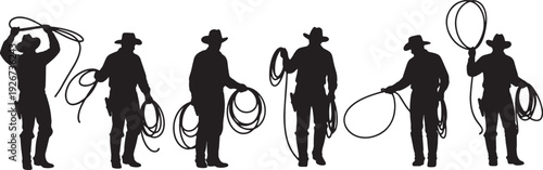 Black Solid Farmer Holding Rope Silhouettes Set of Six on White Background