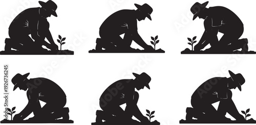 Black Solid Farmer Holding Clipboard Silhouettes Set of Six on White Background