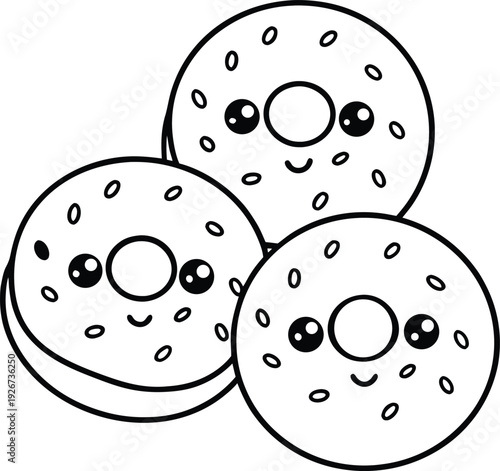 Three Cute Kawaii Bagels with Faces Outline Drawing Stock Illustration