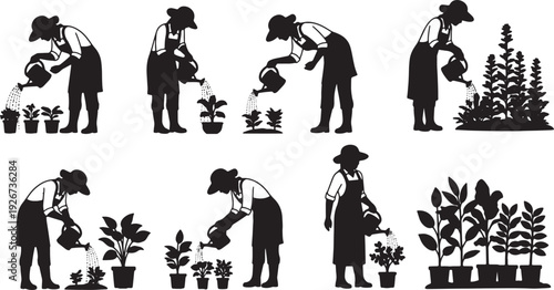 Black Solid Farmer Inspecting Corn Silhouettes Set of Six on White Background