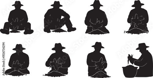 Black Solid Farmer Husking Corn Silhouettes Set of Six on White Background