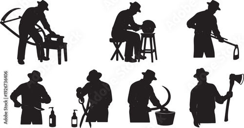 Black Solid Farmer Pushing Wheelbarrow Silhouettes Set of Six on White Background