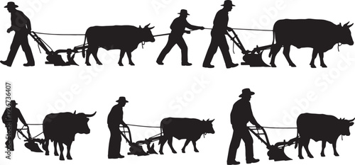 Black Solid Farmer Pushing Plow Silhouettes Set of Six on White Background