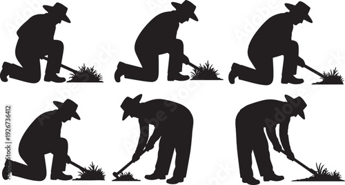 Black Solid Farmer Pulling Weeds Silhouettes Set of Six on White Background