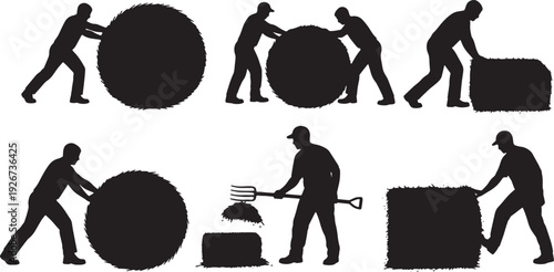 Black Solid Farmer Rolling Hay Bale Silhouettes Set of Six on White Background