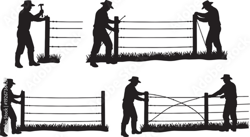 Black Solid Farmer Repairing Fence Silhouettes Set of Six on White Background