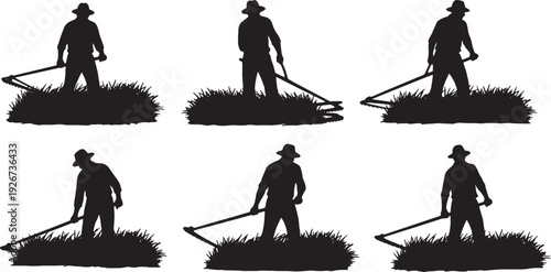 Black Solid Farmer Scything Grass Silhouettes Set of Six on White Background