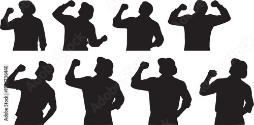 Black Solid Farmer Shaking Fist Silhouettes Set of Six on White Background