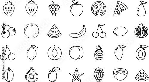 Fruit Line Icons Set with Fresh Organic Berries Citrus Tropical and Farm Produce Vector Collection