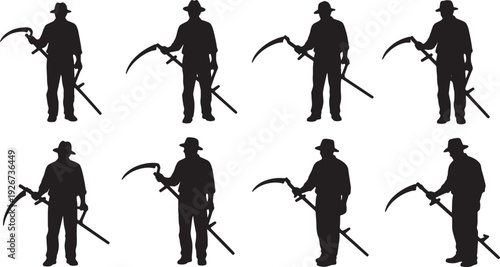 Black Solid Farmer Sharpening Scythe Silhouettes Set of Six on White Background