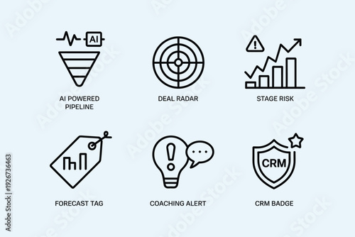 AI pipeline and crm badge icons, vector illustration for task automation, risk control, and alert management in digital workflows.