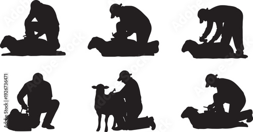 Black Solid Farmer Shearing Sheep Silhouettes Set of Six on White Background