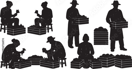 Black Solid Farmer Sorting Vegetables Silhouettes Set of Six on White Background