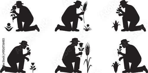 Black Solid Farmer Smelling Crop Silhouettes Set of Six on White Background