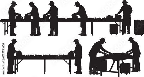 Black Solid Farmer Sorting Fruit Line Silhouettes Set of Six on White Background