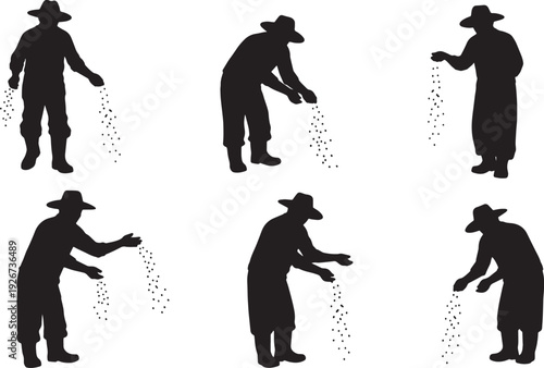 Black Solid Farmer Sowing Seeds Silhouettes Set of Six on White Background
