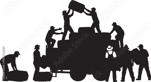 Black Solid Farmer Stacking Hay Silhouettes Set of Six on White Background