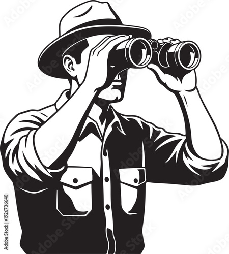 Man looking through binoculars in a hat