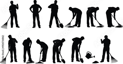 Gardener and Yard Work Silhouette Collection with Man Raking Leaves, Shoveling Soil, and Cleaning Garden in Black Solid Vector Set