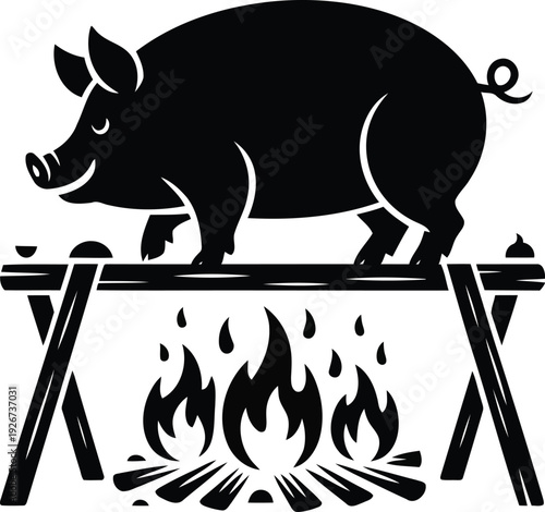 Whole pig roasting on wooden spit over fire pit, traditional open fire cooking scene