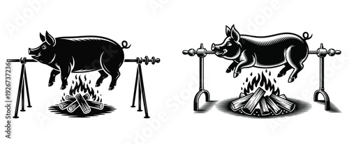 Outdoor whole pig roasting on wooden spit, rustic open fire cooking scene