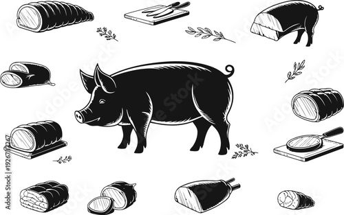Pig and pork cuts silhouette collection, structured meat layout for butcher design