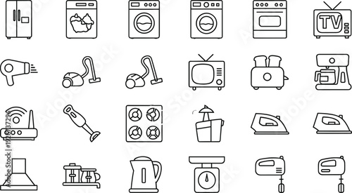 Home Appliances Line Icon Set with Refrigerator, Washing Machine, Oven, Vacuum Cleaner, TV, Blender, and Kitchen Electronics Outline Vector Symbols