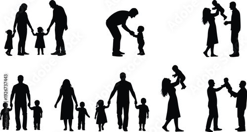 Black silhouettes of people holding hands and playing with children white background adults