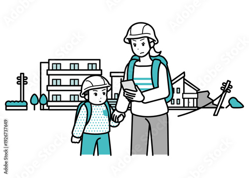 Evacuating Family with Helmets during a Disaster
